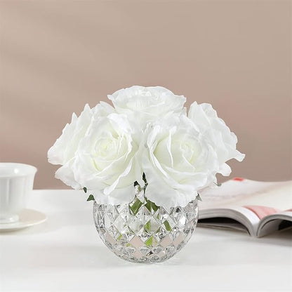 7 Large Stem Rose Artificial Flowers in Vase, Silk Flowers Arrangement in Round Glass Vase Without Water for Home Decor, Wedding Table (Cream)