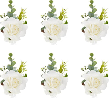 Meldel White Ivory Rose Wrist Corsage, Set of 6, Wedding Bridal Flower Corsage Hand Decor for Prom Party Homecoming, Wristband Flowers Bride, Bridesmaid, Girl