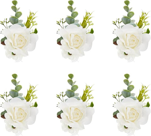 Meldel White Ivory Rose Wrist Corsage, Set of 6, Wedding Bridal Flower Corsage Hand Decor for Prom Party Homecoming, Wristband Flowers Bride, Bridesmaid, Girl