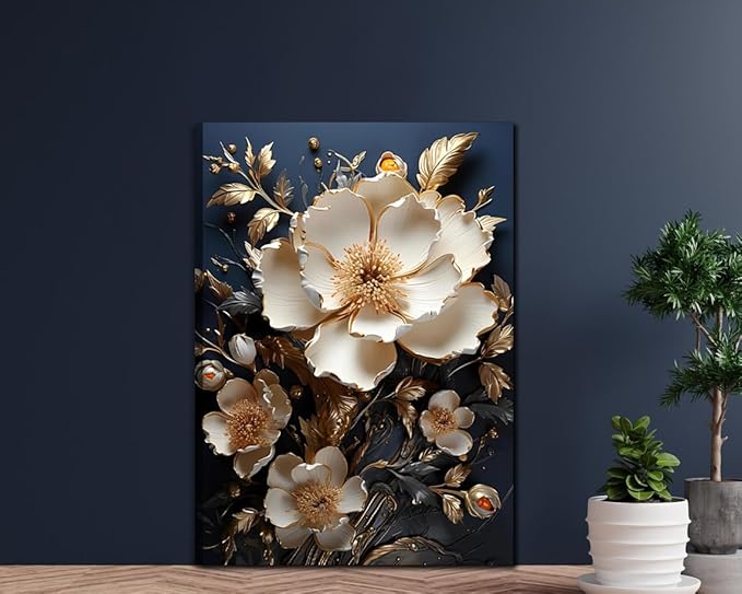 3D Abstract Flower Canvas Wall Art White Floral Texture Poster Prints Serene Blossoms Wall decor pictures for Bedroom and Bathroom Home Decorations Framed (12inx16in Canvas)