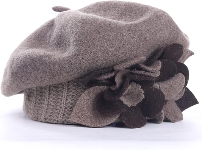 VECRY Lady French Beret 100% Wool Beret Floral Dress Beanie Winter Hat