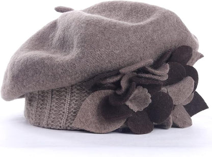VECRY Lady French Beret 100% Wool Beret Floral Dress Beanie Winter Hat