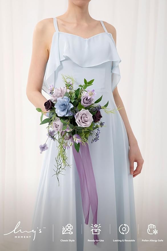Ling's moment Ethereal Purple Bridesmaid Bouquet Set of 4, Purple Wedding Bouquets for Bridesmaids, 7 Inch Bridal Bouquets for Bridesmaids, Wedding, Ceremony, Anniversary, etc.