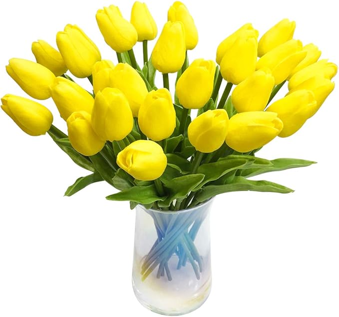 30pcs Artificial Tulips Flowers Real Touch Yellow Tulips Fake Holland PU Tulip Bouquet Latex Flowers for Wedding Party Office Home Kitchen Decoration (Yellow)