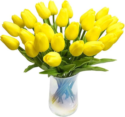 30pcs Artificial Tulips Flowers Real Touch Yellow Tulips Fake Holland PU Tulip Bouquet Latex Flowers for Wedding Party Office Home Kitchen Decoration (Yellow)