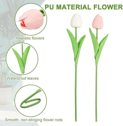 uxcell 20pcs Tulips Artificial Flowers, Faux Flowers Silk Fake Tulip Stems Real Touch for Wedding Bouquet Centerpiece Table Party Decoration(Candy Pink, Pure White)