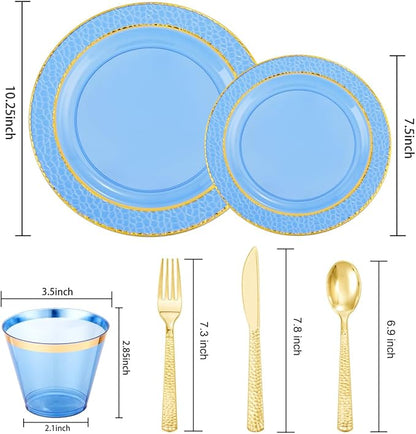 Nervure 150PCS Clear Blue Plastic Plates - Gold Party Plates - Blue and Gold Dinnerware Set Include: 50 Disposable Plate, 25Cups, 25Forks, 25Knives, 25Spoons for Wedding & Party & Father's Day
