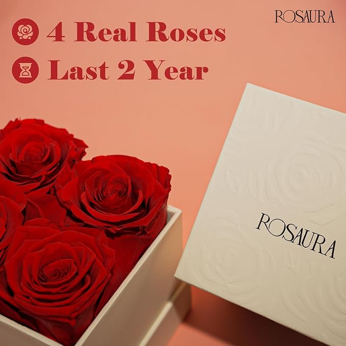 Rosaura 4-Piece Eternal Preserved Roses & Flowers Gift Box - Forever Lasting Real Roses, Preserved Flowers for Valentine's Day Red
