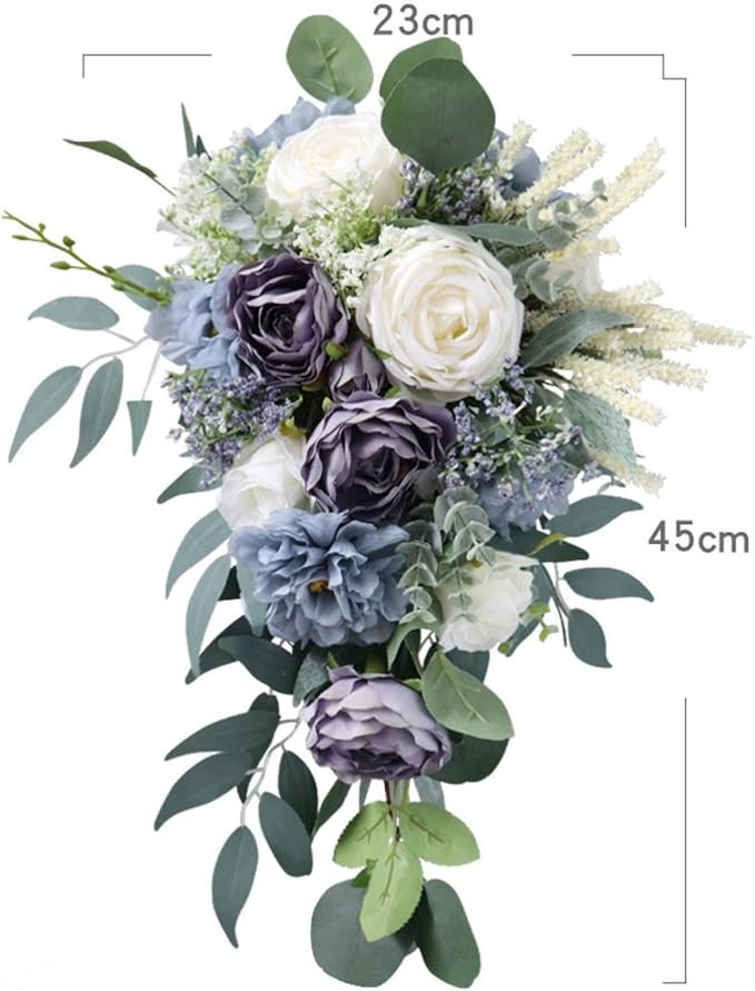 Bridal Bouquets for Bride, Haze Blue Wedding Bouquets for Bride Artificial Roses Flowers Waterfall Bridal Bouquet Cascading Wedding Bouquet for Wedding Party Bridal Shower Decoration