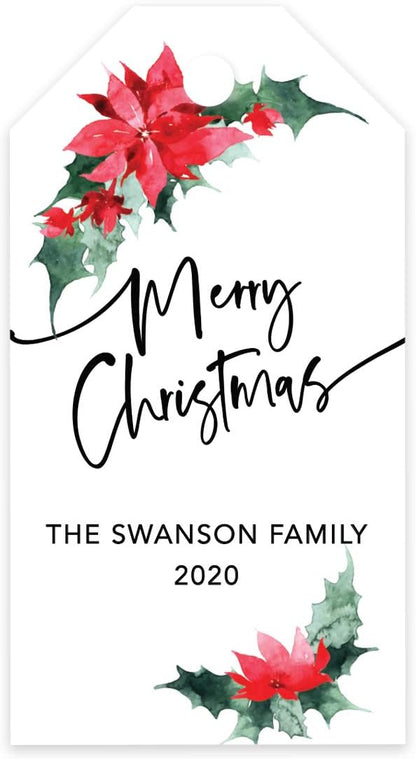 Andaz Press Personalized Christmas Holiday Season Classic Gift Tags, Merry Christmas Custom Family Name and Year, Poinsettia Design, for Holiday Events, Parties, and Favors, 60-Pack