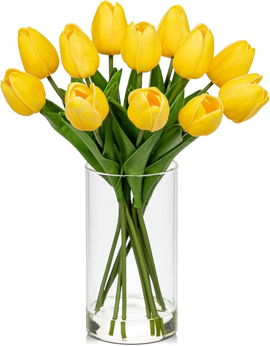 DILATATA 12 Pcs Artificial Real Touch Tulips Flowers in Glass Vase with Faux Water, Tulips Fake Arrangements Yellow Tulips with Vase for Dining Table Home Decor Wedding Centerpieces