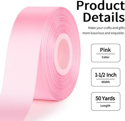 1-1/2 Inch Wide Pink Satin Ribbon, 50 Yards Solid Polyester Fabric Ribbon for Roses Making, Gift Wrapping, Christmas, Wedding Decorations, Crafts, Bows, Flower Bouquets