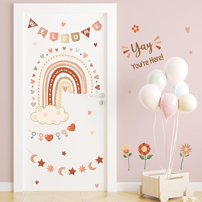 Welcome Classroom Welcome Signs Decals Boho Rainbow Bulletin Board Vinyl Stickers Peel and Stick Kids Nursery Decals for Front Door Wall Decors Yay You're Here Decor for Daycare Toddler Teacher Supply