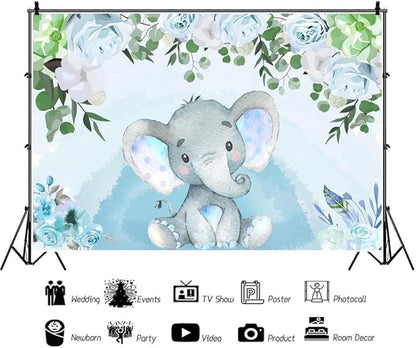 AOFOTO Flowers Baby Elephant Backdrop Light Blue 15x10ft Boy Gender Reveal Party Decorations Sweet Floral Baby Shower Photo Shoot Background for Photography Kids Child Birthday Photo Studio Props