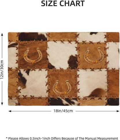 Vintage Cowhide Animal Placemats, Old West Country Cow Animal Fur Patchwork Abstract Horseshoe Print Washable Fabric Placemats Table Kitchen Dining Party 12x18 Inch Set of 4