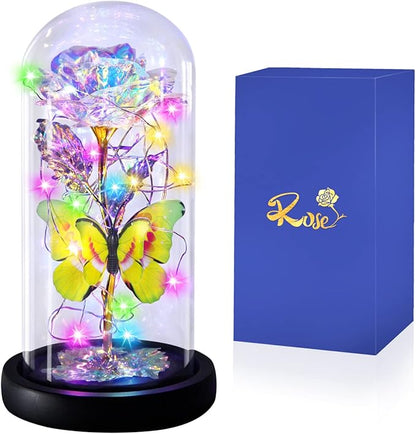 Rainbow Butterfly Rose Flower Birthday Gifts - Women Gifts for Her Anniversary Valentines Mothers Day Christmas Thanksgiving - Light Up Rose Flower Gifts for Wife Mom Grandma Girlfriend Lady Girl