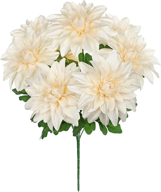 Hollyone White Artificial Dahlia Flowers Bush 7 Heads Silk Fake Dahlias Flowers with Stems Wedding Bouquets Faux Dahlia Flowers Floral Arrangements for Outdoor Indoor DIY Table Centerpieces Home Decor