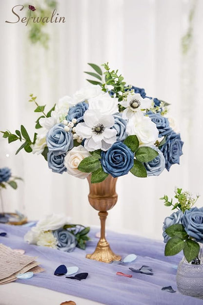 Serwalin Artificial Flowers, Dusty Blue Silk Fake Flowers Cake Flower for Wedding Bouquet Table Centerpieces Arrangements Party Baby Shower Home Decor Floral Arrangement