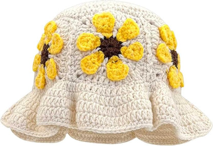 Crochet Bucket Hat for Women Flower Knit Hat Hollow Out Foldable Cap Hats