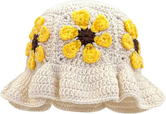 Crochet Bucket Hat for Women Flower Knit Hat Hollow Out Foldable Cap Hats