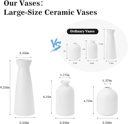 Christmas White Ceramic Flower Vases Set of 3, Large Xmas Gift Vases with Vertical Stripe Texture, Modern Decorative Vases for Dried Flowers, Home Decor for Living Room Bedroom Kitchen Shelf