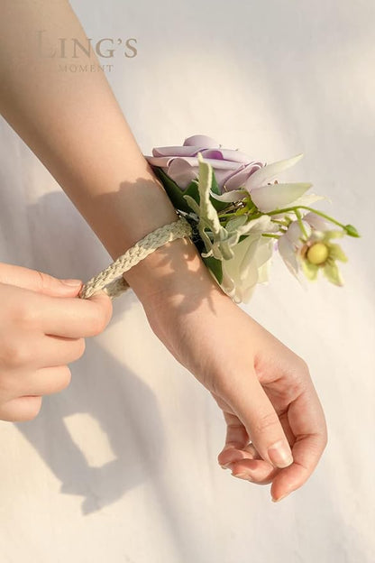 Ling's moment 6pcs Wedding Wrist Corsage Artificial Flowers, Girl/Mother Homecoming Prom Corsages Wristlet Décor, etc. Lilac Lavender Purple