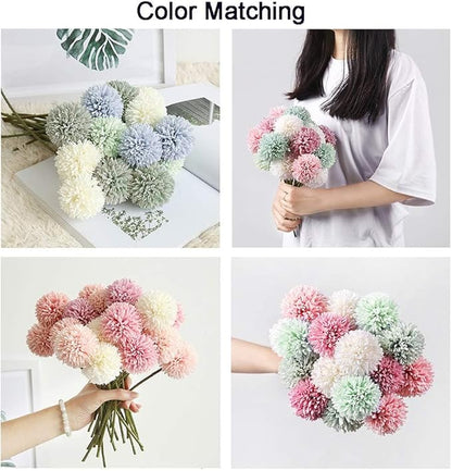 10Pcs Artificial Fake Flower Plants Silk Chrysanthemum Ball Hydrangea Arrangements Wedding Bouquets Decor Home Kitchen Garden Party Table Floral Centerpieces DIY (Grey Blue)