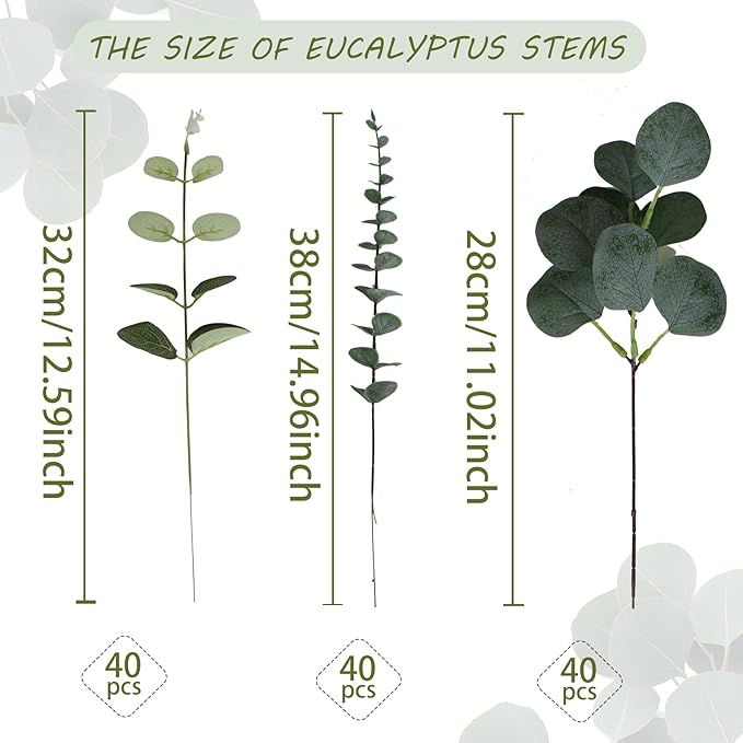 120 Pcs 3 Kinds Mixed Artificial Eucalyptus Leaves Stems Fake Silver Dollar Eucalyptus Leaves Stem Bulk Faux Leaf for DIY Bouquets Floral Arrangement Wedding Home Decor