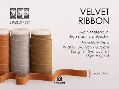 Vitalizart Fall Velvet Ribbon Set 3/8" x 15 Yd Wooden Spool Fabric Trim 3 Rolls * 5 Yd for Christmas Wreath Decoration Handmade Craft Ornaments Gift Wrapping & Bow Making