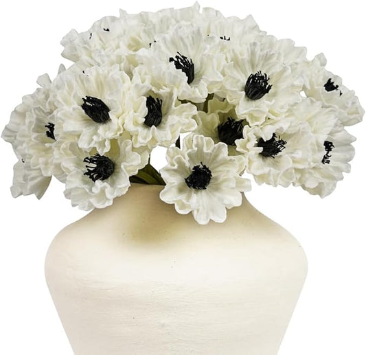 Melorca&Guilla Artificial Flowers,24Pcs 13.5inch White Poppy Fake Flowers,Real Touch Faux Flowers, Spring Décor Fake Silk Flowers for Wedding Kitchen Shop Office Home Décor (24, White Cornpoppy)