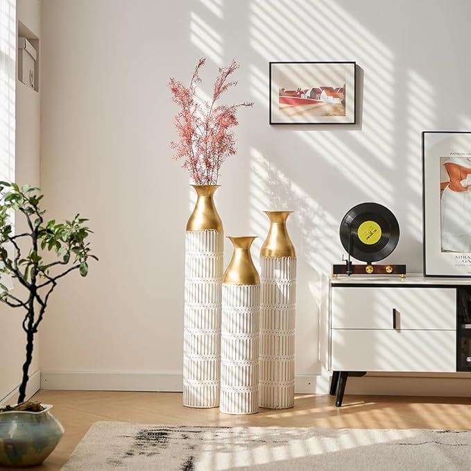 Floor Oversized Gold Metal Decorative Vase with 3D Triangle Pattern Set of 3 Large Vases for Home Living Room 33.5 ", 29.5 ", 25.2" High (Retro White)