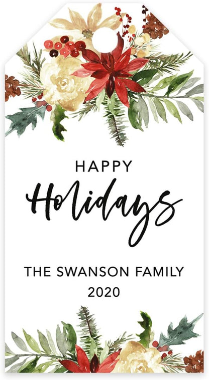 Andaz Press Personalized Classic Gift Tags, Custom Family Name and Year, Christmas Florals Design, Happy Holidays Tags, 60-Pack