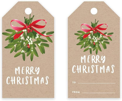 Andaz Press Christmas Holiday Season Classic Gift Tags, Merry Christmas to from Classic Favor Tags, Kraft Brown with Mistletoe Design, for Holiday Events, Parties, and Favors, 60-Pack