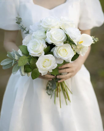 LFF 10pcs Silk Roses Artificial Flowers Fake Long Stem Roses for DIY Wedding Bouquet Home Decoration (Ivory)