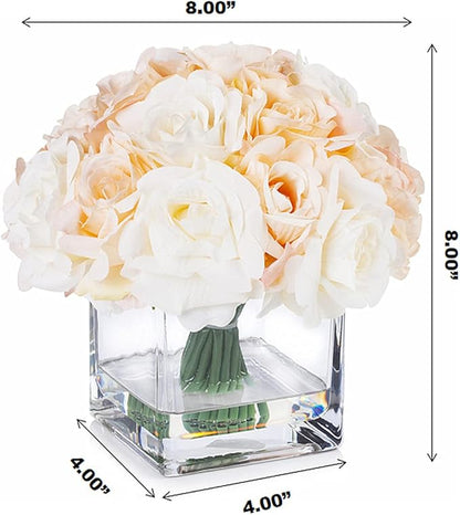 ENOVA FLORAL 18 Pieces Rose Artificial Flowers in Vase, Fake Flowers in Vase with Faux Water for Wedding, Dining Table(Cream Beige)