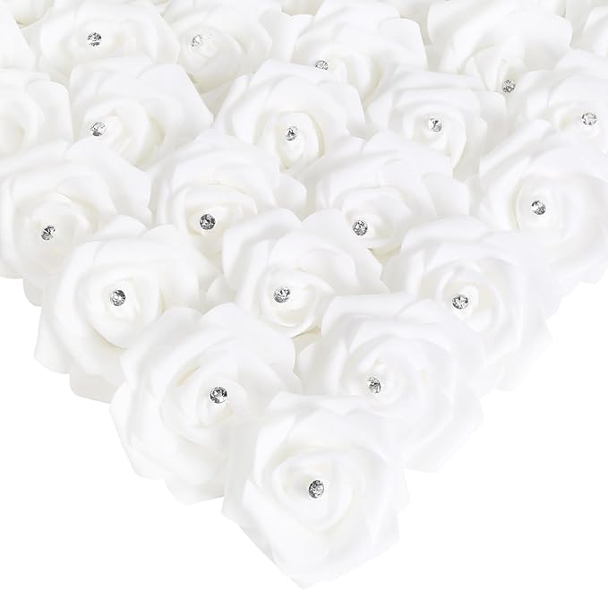 IPOPU 100PCS White Rose Artificial Flower Heads, 3in Real Looking Stemless Foam Roses Fake Flowers Bulk with Crystal for DIY Craft Wedding Bouquets Arrangements Party Home Decorations(White)