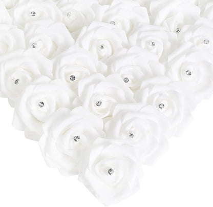 IPOPU 100PCS White Rose Artificial Flower Heads, 3in Real Looking Stemless Foam Roses Fake Flowers Bulk with Crystal for DIY Craft Wedding Bouquets Arrangements Party Home Decorations(White)