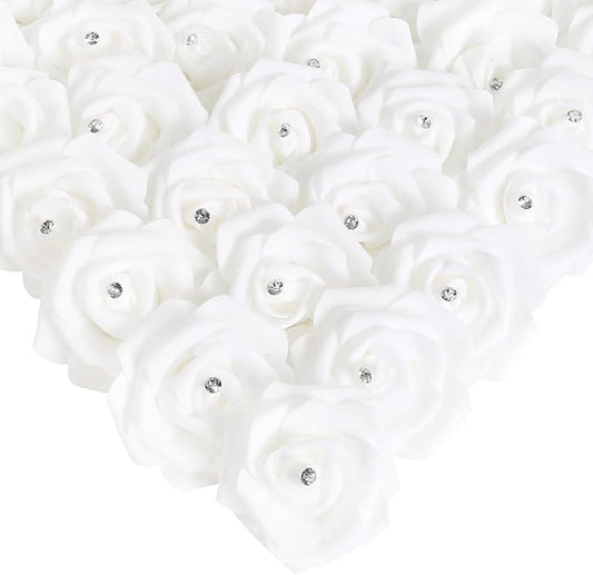 IPOPU 100PCS White Rose Artificial Flower Heads, 3in Real Looking Stemless Foam Roses Fake Flowers Bulk with Crystal for DIY Craft Wedding Bouquets Arrangements Party Home Decorations(White)