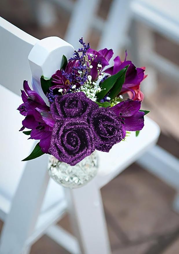 Purple Glitter Roses 30pcs Purple Foam Roses with Glitter 2.56" Fake Glitter Flowers Rose Decoration for Baby Shower Flower Centerpieces for Table