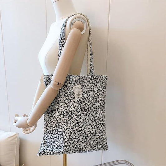 Cotton Canvas Tote Bag Reusable Soft Grocery Cloth Bag Floral Shoulder Bag for Beach Travel Shopping