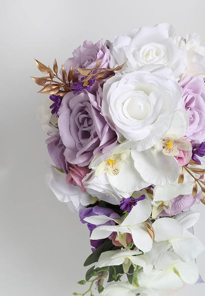 Bridal Bouquets for Bride, 11 Inch Artificial Flowers Bridal Bouquet Cascading Wedding Bouquets for Bride for Wedding Ceremony and Anniversary(White Purple)