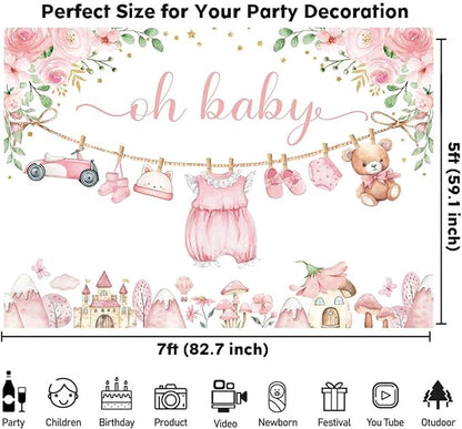 Sensfun Cute Clothes Baby Shower Backdrop Oh Baby Girl Pink Floral Adventure Photography Background It's A Girl Baby Shower Party Decorations Banner Supplies Photo Booth Props 7x5ft