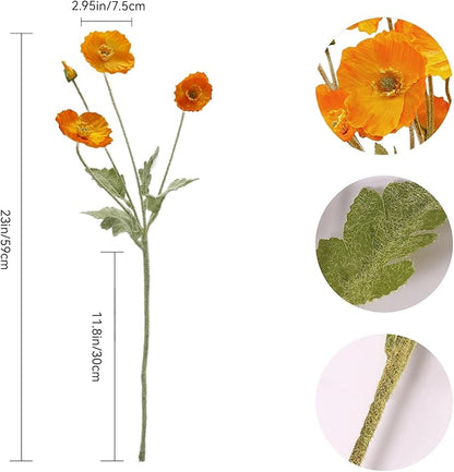 12PCS Orange Poppy Flowers Artificial 23" Real Touch Stems Faux Poppies Silk Flowers for Home Decor Indoor (Orange)