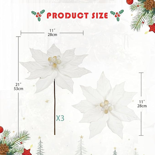 Hollyone 3PCS Poinsettia Christmas Flowers Artificial 11" Large White Glitter Poinsettia Flowers Christmas Tree Ornaments Floral Picks for Tree Wreath Garland Vase Table Centerpiece Home Deco