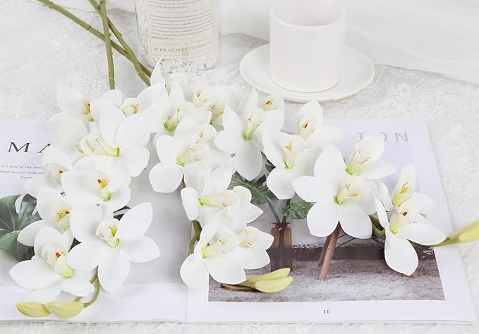 IPOPU White Orchid Artificial Flowers 5 Pcs Real Touch Orchids with Stem for Vase Wedding Party Table Centerpiece DIY Home Office Decor