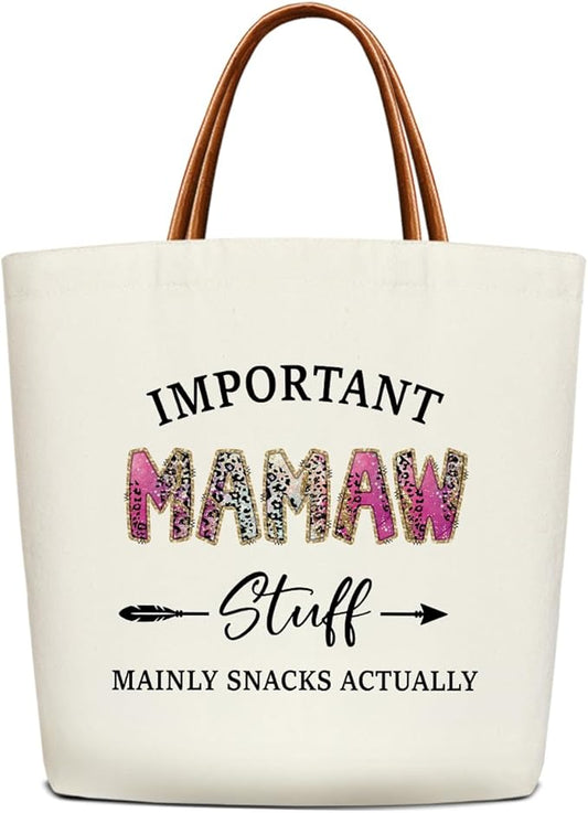 Canvas Tote Bag for Women, Important Stuff Bag with Leather Handle, Reusable Grocery Bags for Shopping Beach Travel