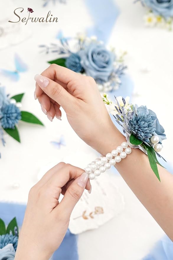 Serwalin 6 PCS Wrist Corsages for Wedding, Girl/Mother Bride Bridesmaids Corsages Wristlet Decor for Prom Wedding Anniversary Homecoming (Blue & Dusty Blue)