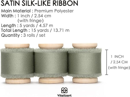 Vitalizart Dusty Sage Green Silk Satin Ribbon 1 Inch x 15 Yard Handmade Frayed Chiffon Ribbon with Wooden Spool for Gift Wrapping, Wedding, Bridal, Flower Bouquets, Home Decor