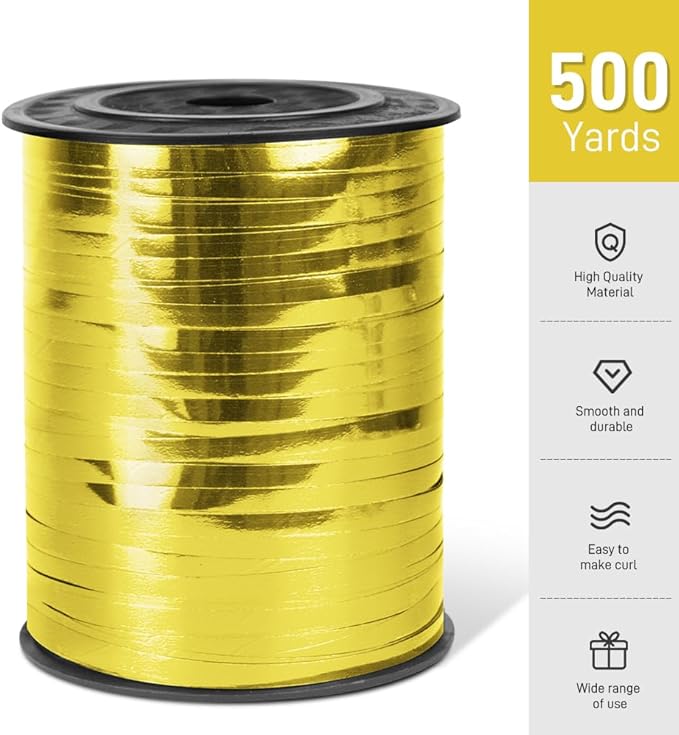 500 Yards Metallic Shiny Curling Ribbon Gold, 1/5" Gold Balloon Ribbons - Perfect for Gift Wrapping, Florist Flowers, and Balloon String for Halloween, Christmas, Birthday Party