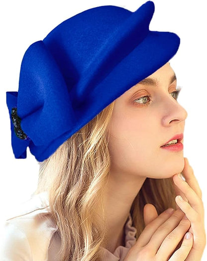 ORIDOOR Women Vintage 100% Wool Felt Flowers Bucket Cloche Bowler Hat Church Wedding Beret Hat